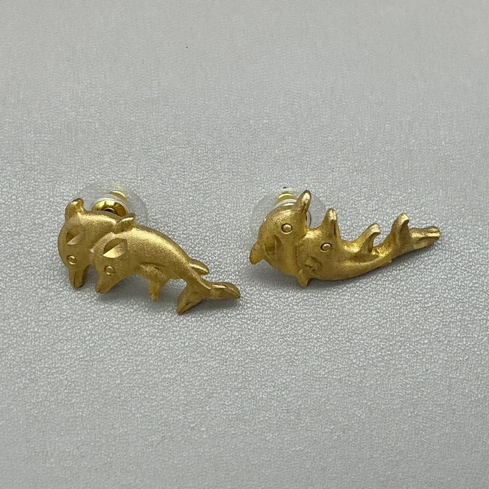 Earrings Women Gold Tone Double Dolphin Nautical Animal Pierced Studs 1 Inch